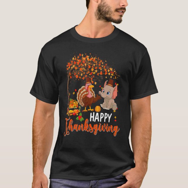 Camiseta Feliz Queda De Ação De Graças A Turquia E Elefante (Frente)