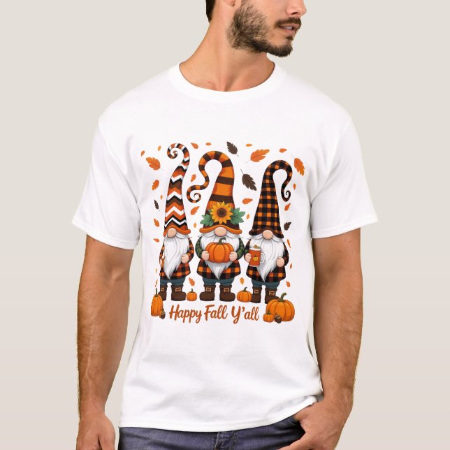 Camiseta Feliz Queda Todos Os Gnomos, Gnomos Pumpkin outono (Frente)