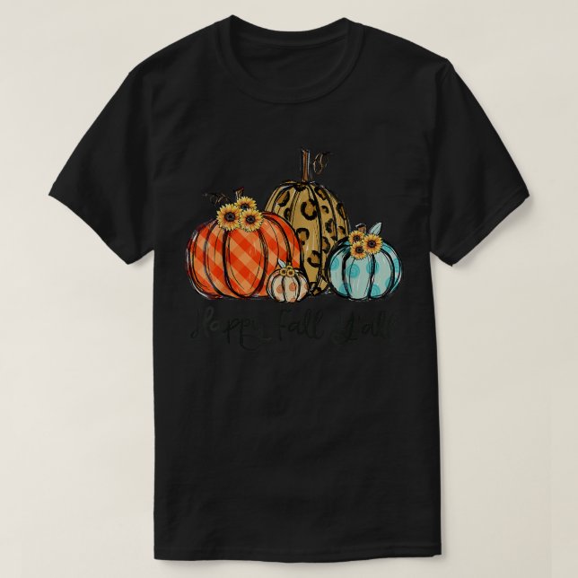 Camiseta Feliz Queda Yall Leopard Pumpkins Xadrez Pumpkin A (Frente do Design)