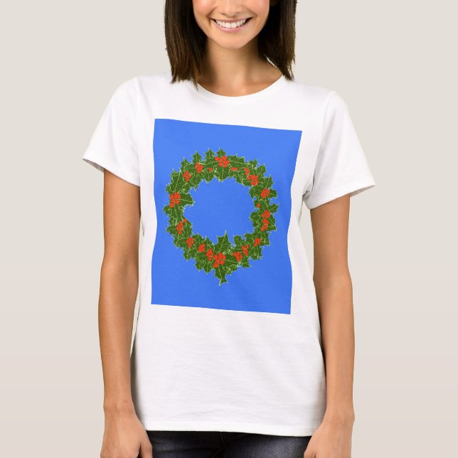 Camiseta Feliz Red Berry & Holly Wreath para Natal T-Sh (Frente)