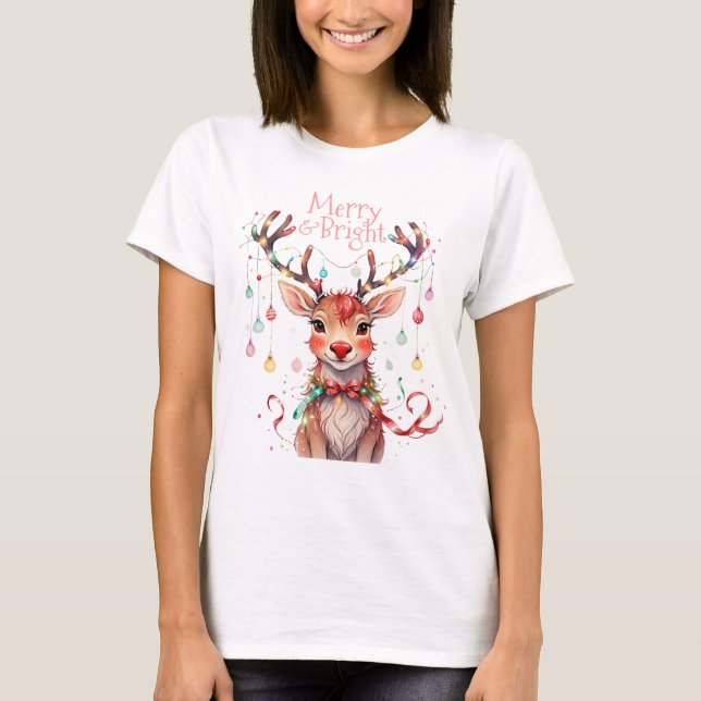 Camiseta Feliz Reindeer Rudolph e Luzes de Natal (Frente)