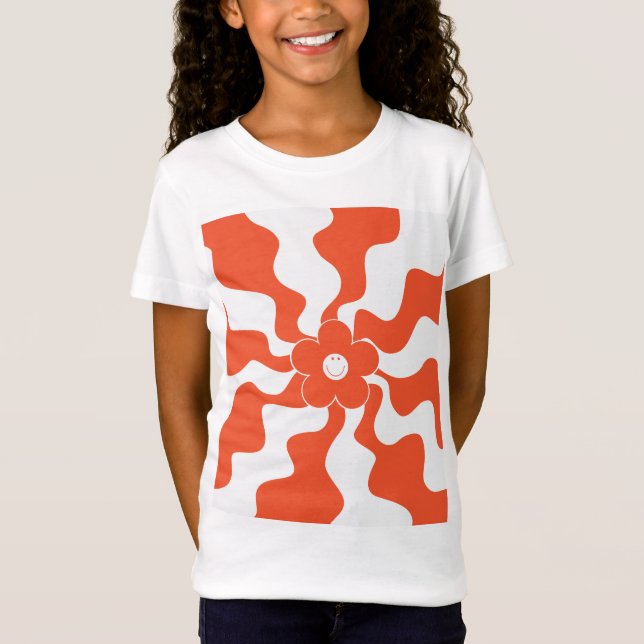 Camiseta Feliz Retro Daisy em Laranja e Branco (Frente)