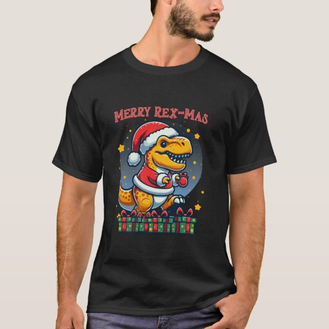 Camiseta Feliz Rex Mas T Rex Dinossauros Papais noeis Engra (Frente)