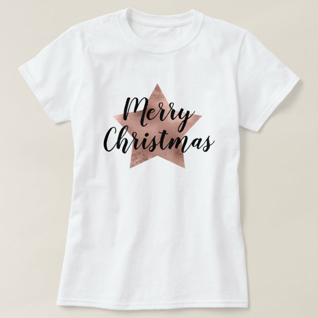 Camiseta Feliz Rosa de Natal - Estrela Rosa Dourada (Frente do Design)