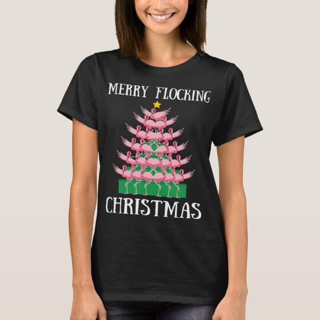 Camiseta Feliz rosa-Flamingo bloqueando luzes das árvores d (Frente)