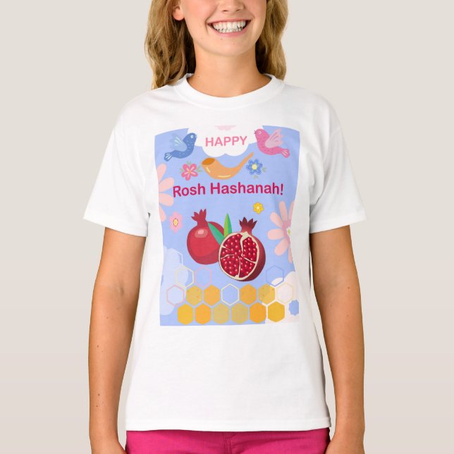 Camiseta Feliz Rosh Hashanah Jewish Ano Novo Padrão Floral (Frente)