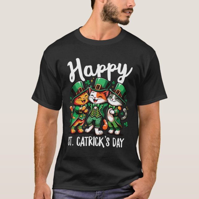 Camiseta Feliz Rua Catricho Dia de São Patrício Gato Leprec (Frente)