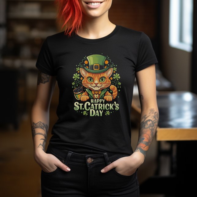 Camiseta "Feliz Rua. Dia do Carro" Cat Leprechaun (Happy St. Catrick's Day" )