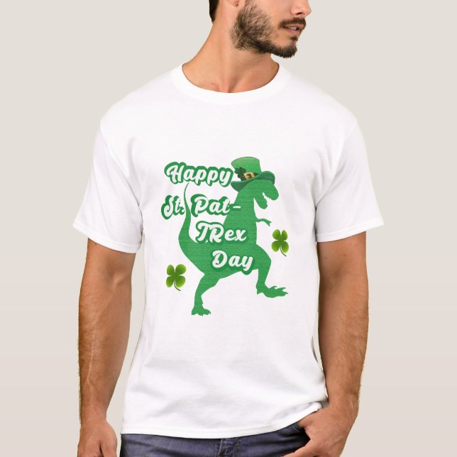 Camiseta Feliz Rua do Dia dos Patricões Engraçado T-rex Din (Frente)