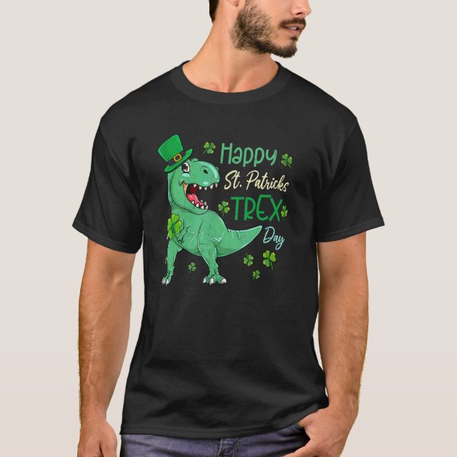 Camiseta Feliz Rua no T Rex Saint Patrick Dinosaur Bo (Frente)