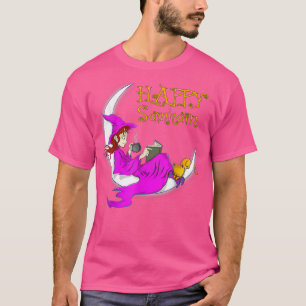 Camiseta Feliz Samhain Roxo Livros bruxas café gatos lua