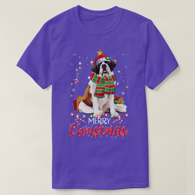 Camiseta Feliz Santo de Natal Bernard Santa Hat Tree Light (Frente do Design)