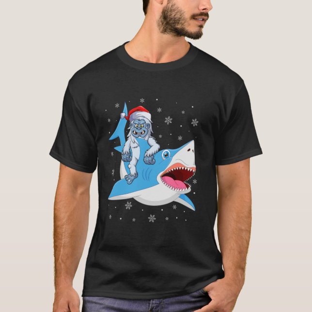 Camiseta Feliz Sharkmas Engraçado Santa Hat Yeti, Tubarão A (Frente)