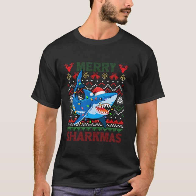 Camiseta Feliz Sharkmas Feia, Tubarão Natal, coxa Santa Hat (Frente)