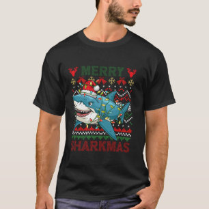 Camiseta Feliz Sharkmas Luzes de Natal Feias Papais noeis H