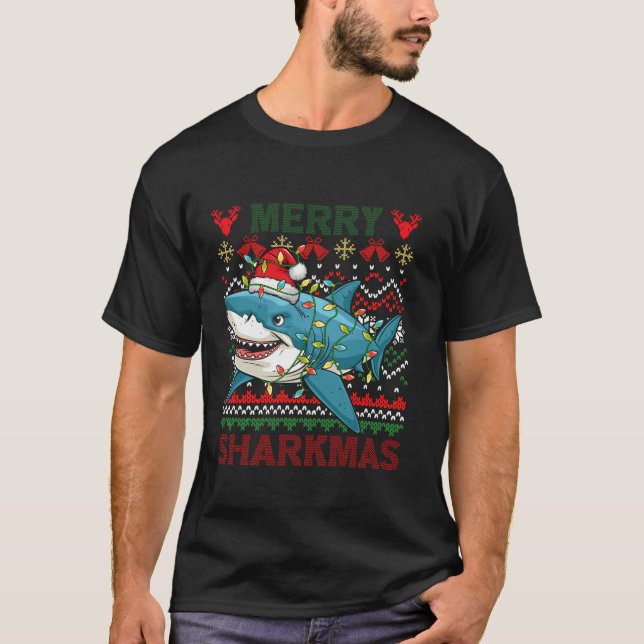 Camiseta Feliz Sharkmas Luzes de Natal Feias Papais noeis H (Frente)