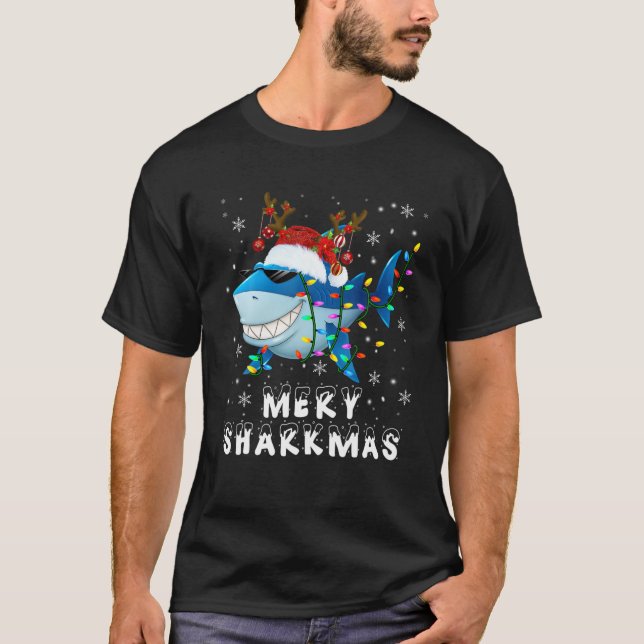 Camiseta Feliz Sharkmas Luzes Xmas Papais noeis Reindeer Sh (Frente)