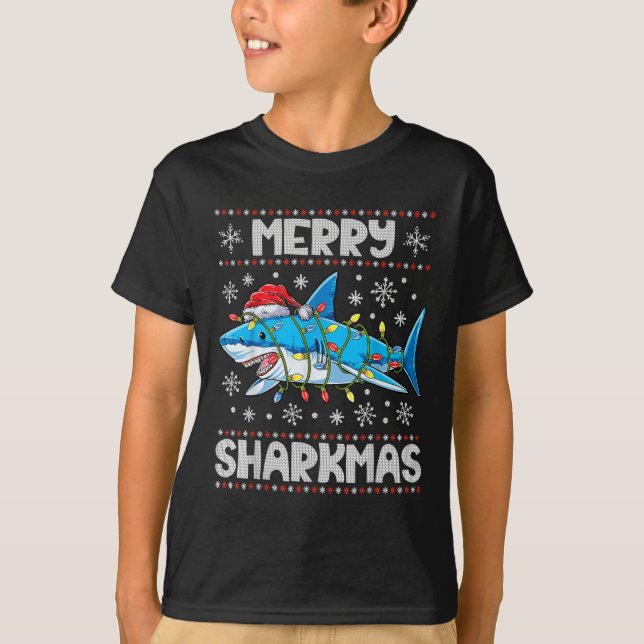 Camiseta Feliz Sharkmas Sharkmas Papais noeis de Natal Feia (Frente)