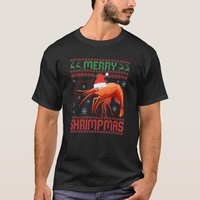 Camiseta Feliz Shrimpmas Engraçado Camarão Frio de Natal Fe (Frente)