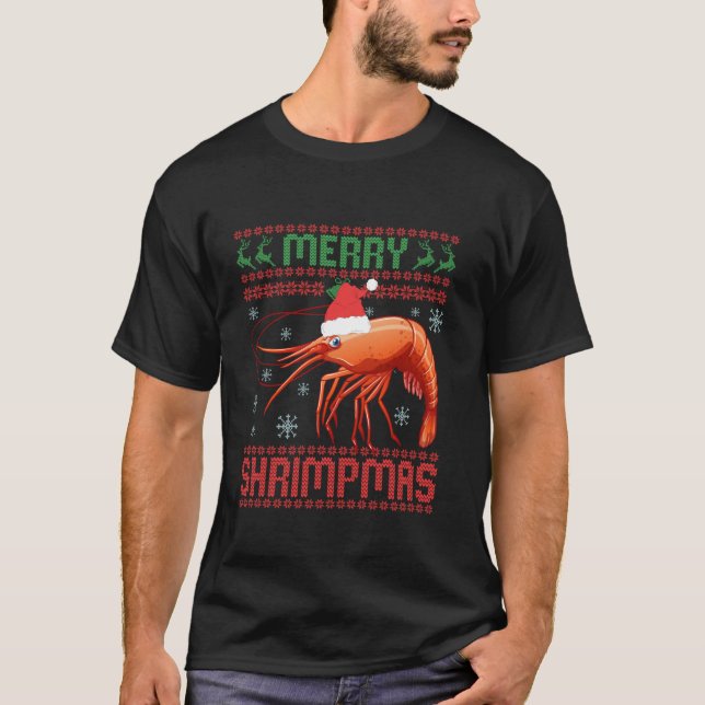 Camiseta Feliz Shrimpmas Engraçado Camarão Frio de Natal Fe (Frente)