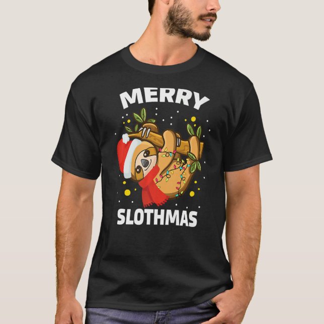 Camiseta Feliz Slothmas Natal Luzes Pajama para Lama (Frente)