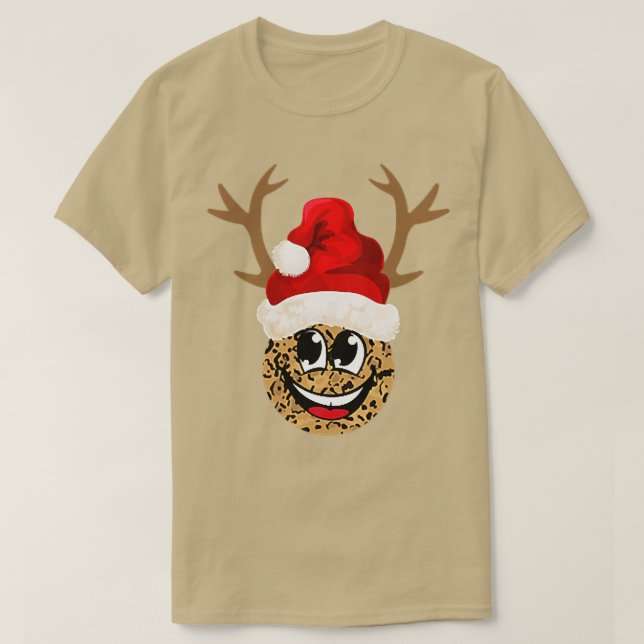 Camiseta Feliz Sorriso Rosto com Papais noeis Reindeer no N (Frente do Design)