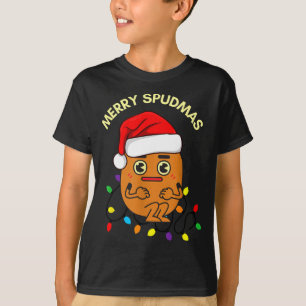 Camiseta Feliz Spudmas Diversão Tato Papai Noel Luzes de Fe