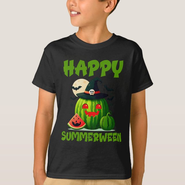 Camiseta Feliz Summerween Abóbora de Melancia de Verão  (Frente)