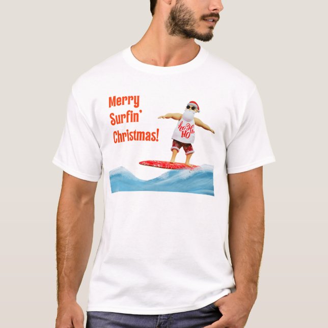 Camiseta Feliz Surfin Papais noeis de Natal no surfboard (Frente)