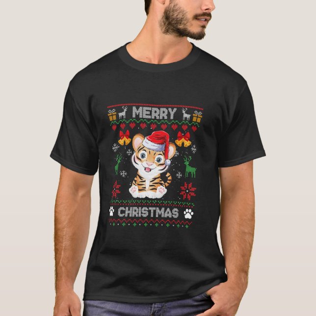 Camiseta Feliz Tiger Natal Pajama Ugly Sweater Papais noeis (Frente)