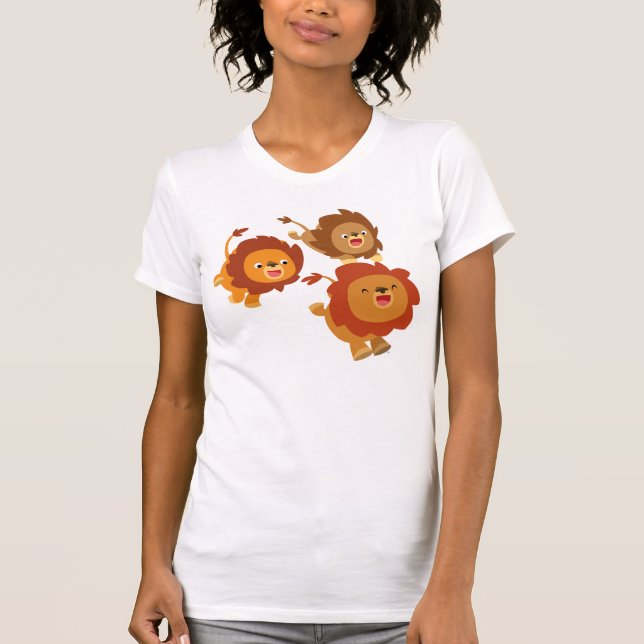 Camiseta Feliz Trio de Cartoons Bonitos Leões Mulheres T-Sh (Frente)