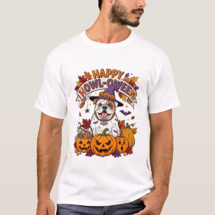 Camiseta Feliz Uivo Oween Fantasma Bulldog Abóboras Doce