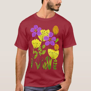 Camiseta Feliz Vibe Amarelo Roxo Flores de Aquarela