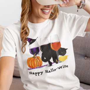 Camiseta Feliz Vinho Bruxa Halloween Gato Preto Vassoura