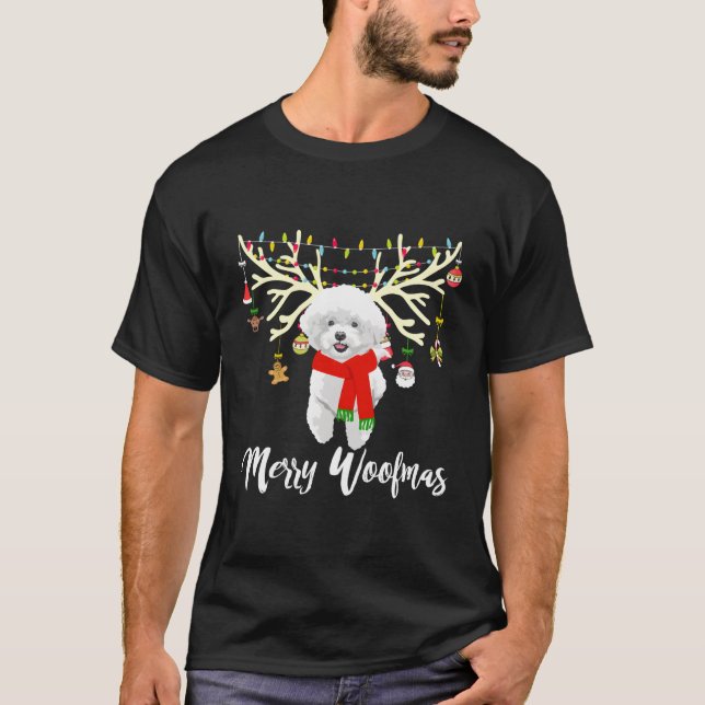 Camiseta Feliz Woofmas Bichon Frise Reindeer Cão de Natal (Frente)