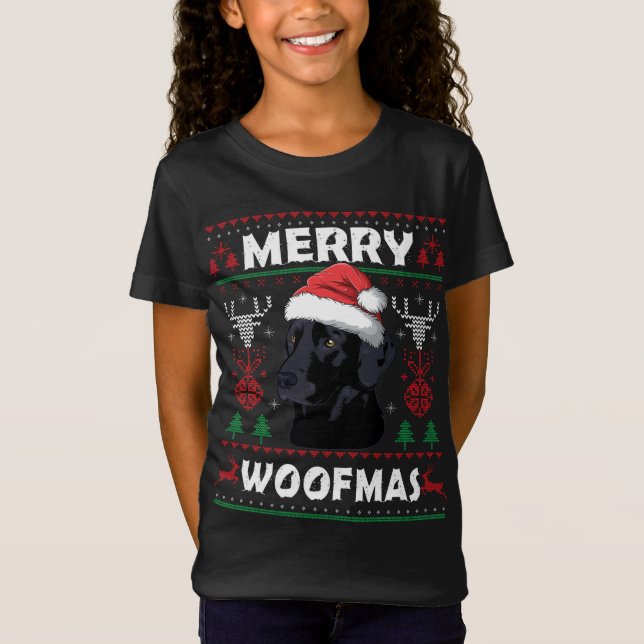 Camiseta Feliz Woofmas Black Lab Cachorro de Natal Sobre Xm (Frente)