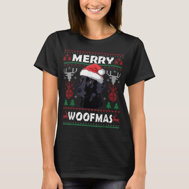 Camiseta Feliz Woofmas Black Lab Cachorro de Natal Sobre Xm (Frente)