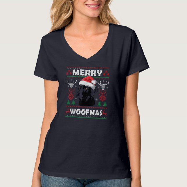 Camiseta Feliz Woofmas Black Lab Cachorro de Natal Sobre Xm (Frente)