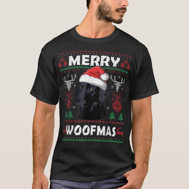 Camiseta Feliz Woofmas Black Lab - Cão de Natal L (Frente)