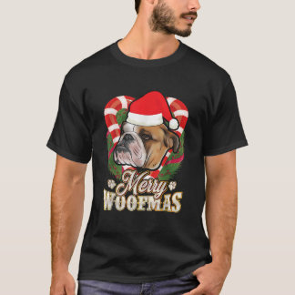 Camiseta Feliz Woofmas Bulldog Inglês Com Chapéu do Papai N