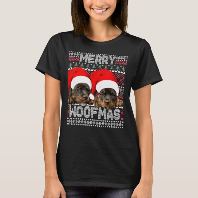 Camiseta Feliz Woofmas Cute Rottweiler Puppies com Papais n (Frente)