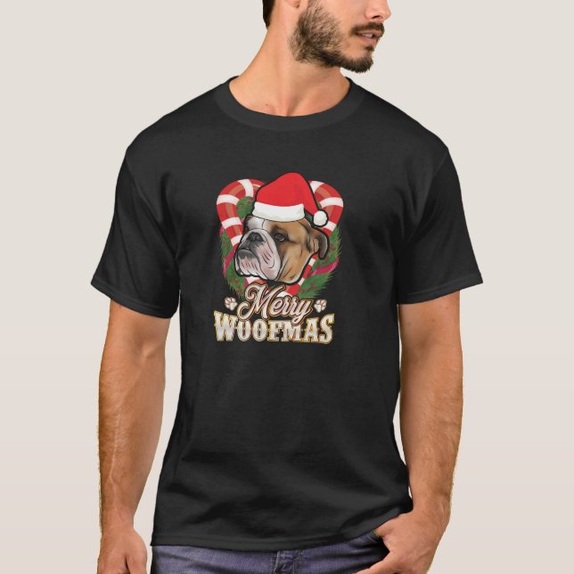 Camiseta Feliz Woofmas English Buldogue Com Papai Noel Hat (Frente)