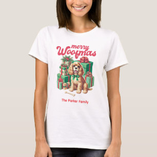 Camiseta Feliz Woofmas Nome da Família Cachorro Natal