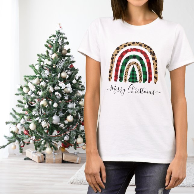 Camiseta Feliz Xadrez de Natal e Leopard Imprima Rainbow (Criador carregado)