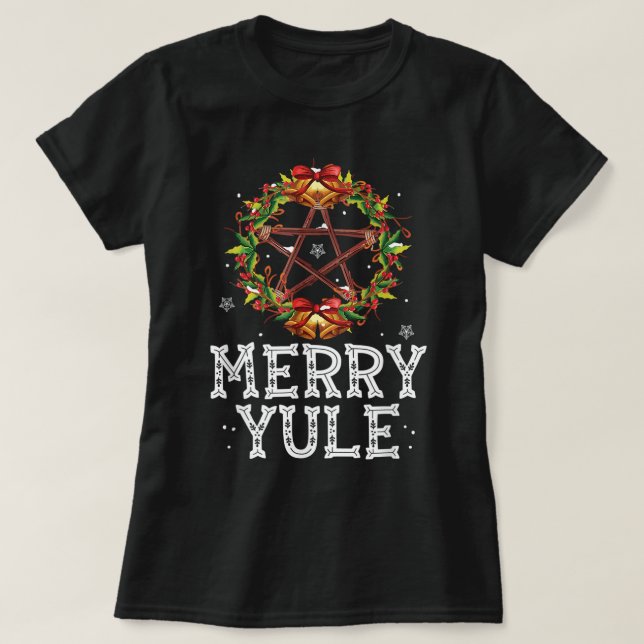 Camiseta Feliz Yule - Solstício de inverno - Holly Pentagra (Frente do Design)