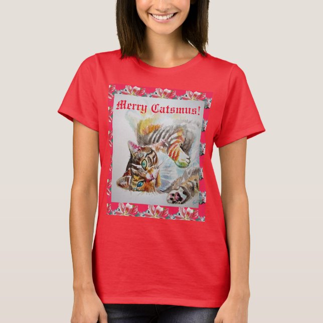 Camiseta Felizes De Gato Engraçados Felinos De Natal Mulher (Frente)