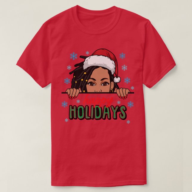 Camiseta Felizes Férias Natal Neve Melanina Mulheres Negras (Frente do Design)