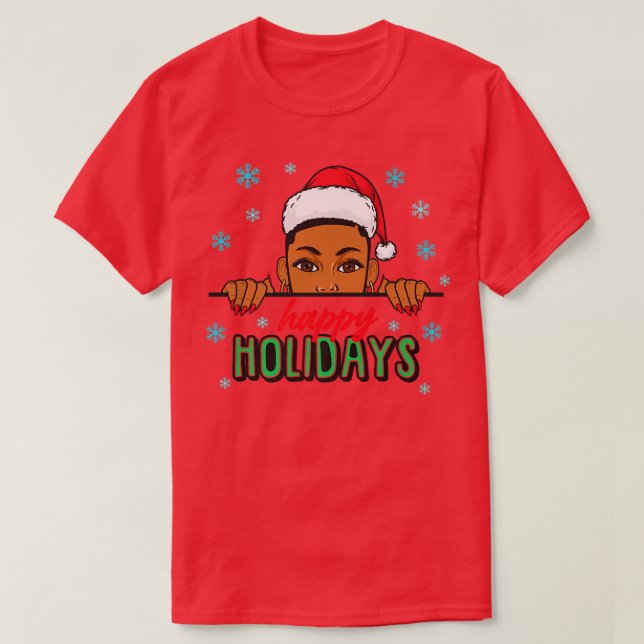 Camiseta Felizes Férias Natal Neve Melanina Mulheres Negras (Frente do Design)