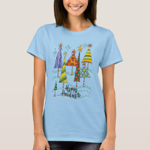 Camiseta Felizes Festas! Árvores de Natal Fofo com Estrelas