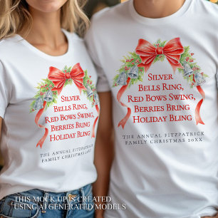Camiseta Felizes Festas sinos laços slogan aquarela